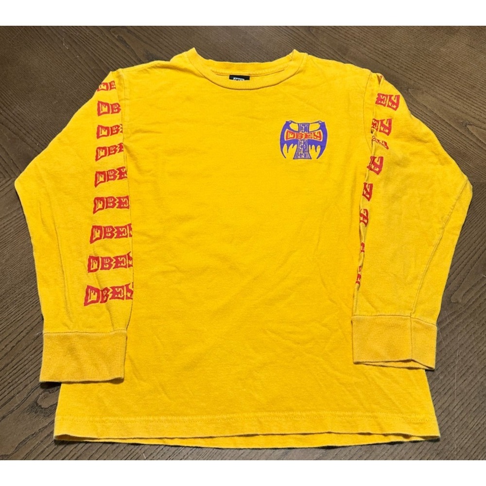 OBEY Men's Size Small Long Sleeve Crew Neck T-Shirt Top Yellow Skate Grunge